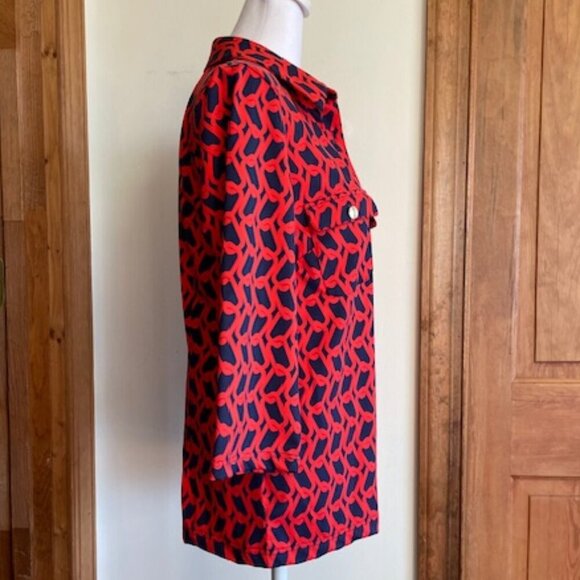 ELIZABETH MCKAY Chain Link Red Blue Pull Over Button Elbow Sleeve Top M - Picture 10 of 17